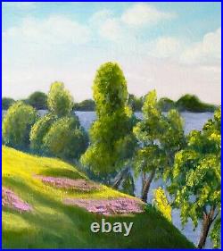 River Landscape Oil Painting Riverside Original Art On Canvas Thees By Water