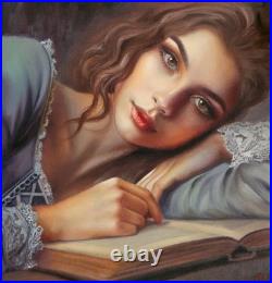 Romantic Woman Oil Painting Reading Book Hand Painted Classical Female Portrait