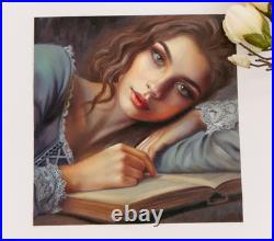 Romantic Woman Oil Painting Reading Book Hand Painted Classical Female Portrait