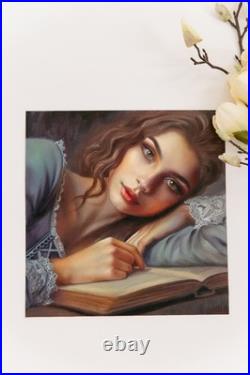 Romantic Woman Oil Painting Reading Book Hand Painted Classical Female Portrait