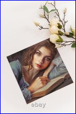 Romantic Woman Oil Painting Reading Book Hand Painted Classical Female Portrait
