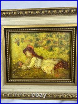 Ruth Vamos Oil Painting Girl Playing With Flowers 5x4 Inches