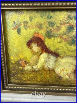 Ruth Vamos Oil Painting Girl Playing With Flowers 5x4 Inches