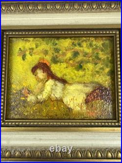 Ruth Vamos Oil Painting Girl Playing With Flowers 5x4 Inches