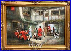 S. Bruno Large Oil Painting on Canvas, Genre Scene, Riders, Horses, Dogs, Village