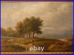 S20 Antique Hudson River School Oil Painting On Canvas Landscape Cows Trees