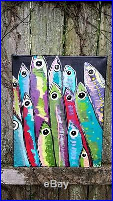 SARDINES Color Original Fish Coastal Art On Canvas Painting by SDV 16x20 Large