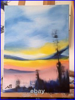 SUNSET SKY LANDSCAPE 12x16 ABSTRACT EXPRESSIONIST ORIGINAL PAINTING CANVAS