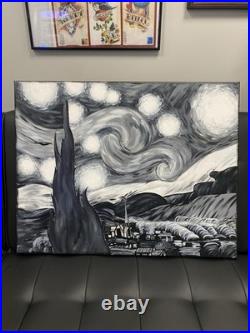 Self-Painted Acrylic on Canvas Black & White Van Gogh Starry Night 28x22in Self-Painted Acrylic on Canvas Black & White Van Gogh Starry Night 28x22in