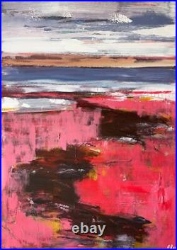Shore Painting Original Art Modern Pink Acrylic Wall Art Lake Landscape 20x28