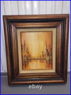 Signed Framed Original Wood Painting Abstract Italy Cityscape Bridge Scene