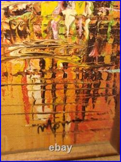 Signed Framed Original Wood Painting Abstract Italy Cityscape Bridge Scene