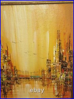 Signed Framed Original Wood Painting Abstract Italy Cityscape Bridge Scene