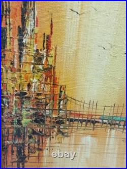 Signed Framed Original Wood Painting Abstract Italy Cityscape Bridge Scene