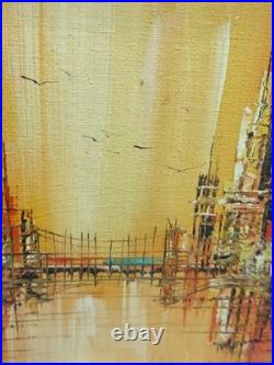 Signed Framed Original Wood Painting Abstract Italy Cityscape Bridge Scene