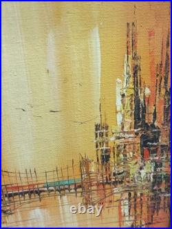 Signed Framed Original Wood Painting Abstract Italy Cityscape Bridge Scene