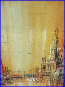 Signed Framed Original Wood Painting Abstract Italy Cityscape Bridge Scene
