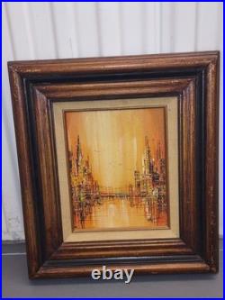 Signed Framed Original Wood Painting Abstract Italy Cityscape Bridge Scene