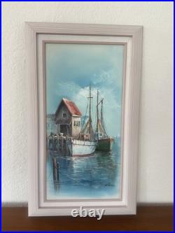 Signed John Luini Fishing Boats Dock Oil Painting on Framed Canvas Mid Century