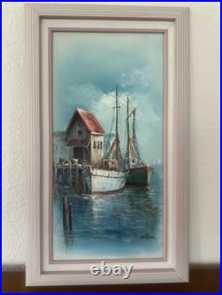 Signed John Luini Fishing Boats Dock Oil Painting on Framed Canvas Mid Century