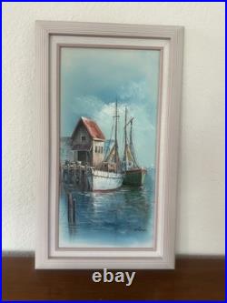 Signed John Luini Fishing Boats Dock Oil Painting on Framed Canvas Mid Century