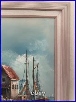 Signed John Luini Fishing Boats Dock Oil Painting on Framed Canvas Mid Century