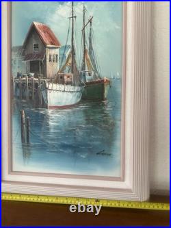 Signed John Luini Fishing Boats Dock Oil Painting on Framed Canvas Mid Century