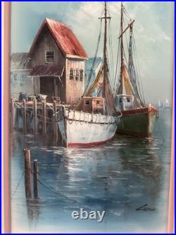 Signed John Luini Fishing Boats Dock Oil Painting on Framed Canvas Mid Century