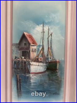 Signed John Luini Fishing Boats Dock Oil Painting on Framed Canvas Mid Century