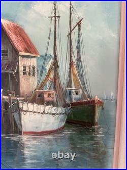 Signed John Luini Fishing Boats Dock Oil Painting on Framed Canvas Mid Century