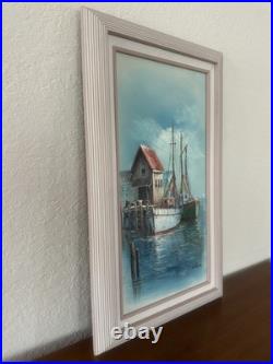 Signed John Luini Fishing Boats Dock Oil Painting on Framed Canvas Mid Century