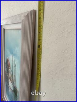 Signed John Luini Fishing Boats Dock Oil Painting on Framed Canvas Mid Century