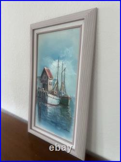 Signed John Luini Fishing Boats Dock Oil Painting on Framed Canvas Mid Century