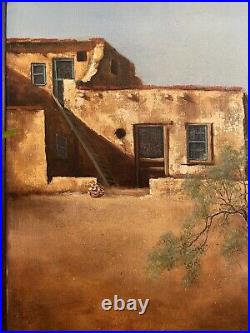 Signed Original Oil Painting On Canvas Native American Pueblo, Acomo Pueblo
