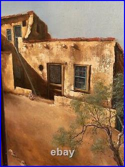 Signed Original Oil Painting On Canvas Native American Pueblo, Acomo Pueblo
