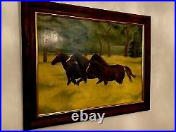 Signed Origonal Oil Painting on Canvas' Wild Horses' Wood Frame 48x36