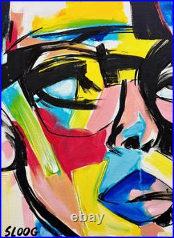 Sloog Original Art Bold Expressionism Painting on Canvas 12x16 Wearing Glasses