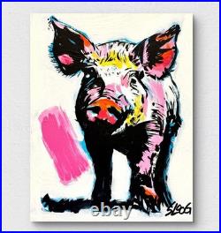 Sloog Original Art Bright Unique Expressionism Painting on Canvas 11x14 Pink Pig