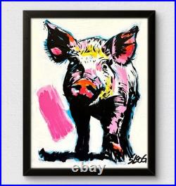 Sloog Original Art Bright Unique Expressionism Painting on Canvas 11x14 Pink Pig