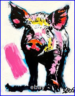 Sloog Original Art Bright Unique Expressionism Painting on Canvas 11x14 Pink Pig
