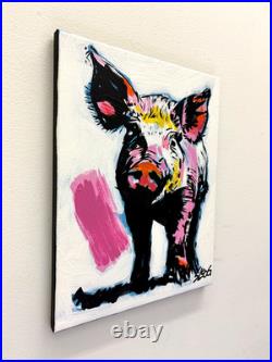 Sloog Original Art Bright Unique Expressionism Painting on Canvas 11x14 Pink Pig