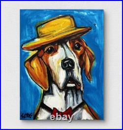 Sloog Original Art Loose Expressionist Painting on Canvas 11x14 Dog Wearing Hat