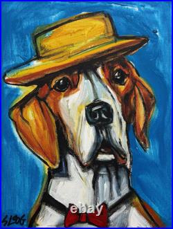 Sloog Original Art Loose Expressionist Painting on Canvas 11x14 Dog Wearing Hat