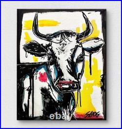 Sloog Original Art Unique Expressionism Drippy Painting on Canvas 8x10 Cow Bull