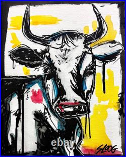 Sloog Original Art Unique Expressionism Drippy Painting on Canvas 8x10 Cow Bull