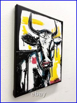 Sloog Original Art Unique Expressionism Drippy Painting on Canvas 8x10 Cow Bull