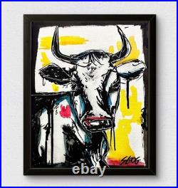 Sloog Original Art Unique Expressionism Drippy Painting on Canvas 8x10 Cow Bull
