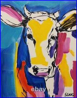 Sloog Original Art Unique Expressionist Painting on Canvas 11x14 Colorful Cow