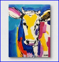 Sloog Original Art Unique Expressionist Painting on Canvas 11x14 Colorful Cow