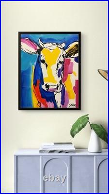 Sloog Original Art Unique Expressionist Painting on Canvas 11x14 Colorful Cow